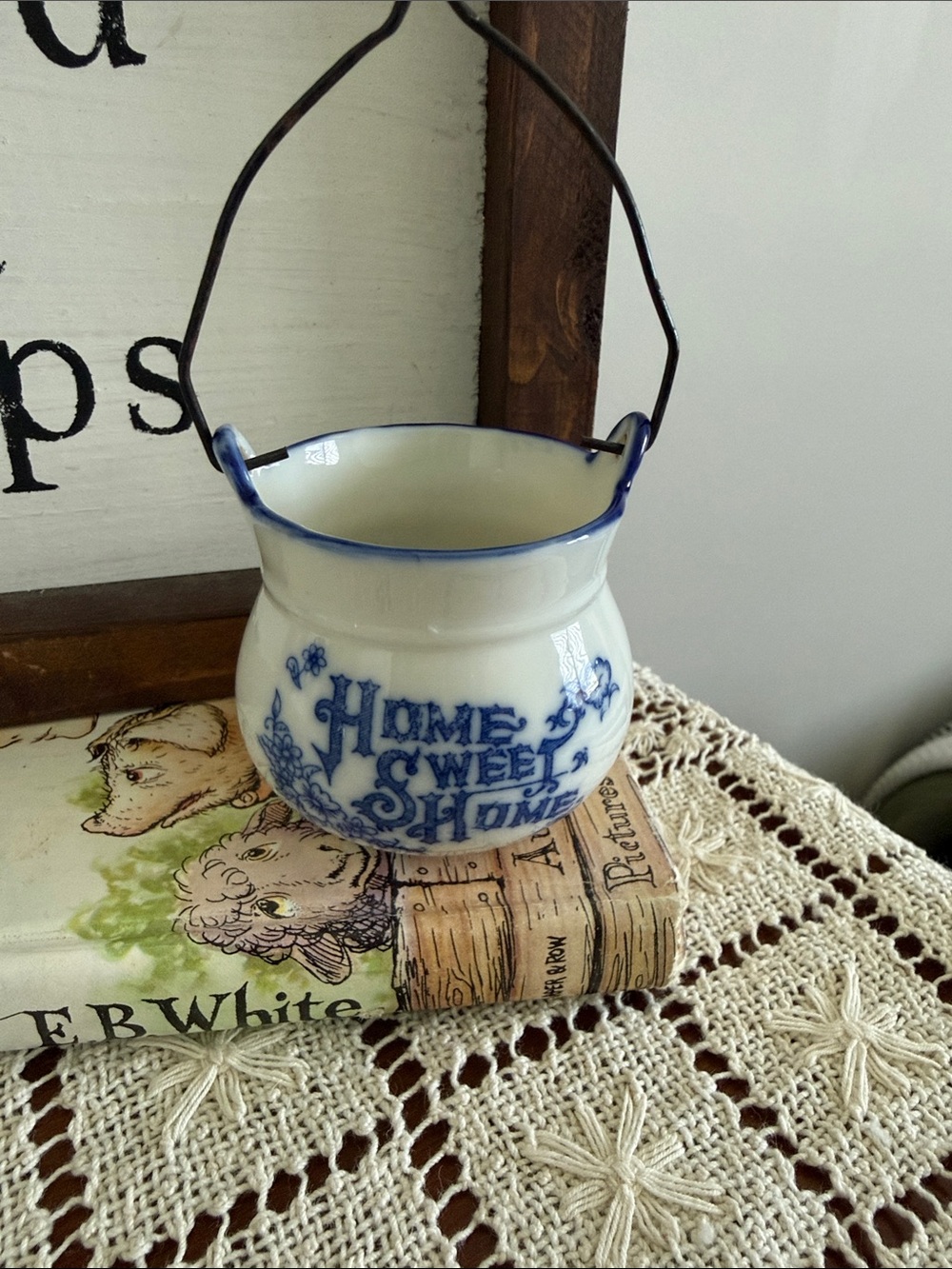 Blue and White 'Home Sweet Home' Ceramic Bucket